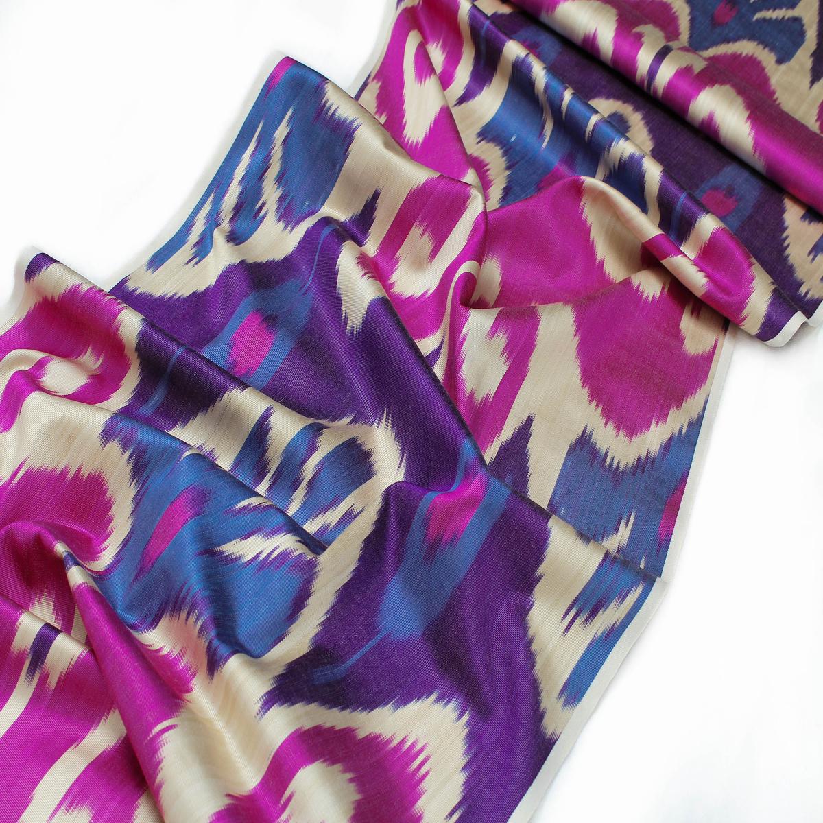 Magenta and Blue Silk Ikat Fabric - Natural Ikat Fabric Upholstery, Ikat Upholstery Material, Ikat Apparel Fabric By The Yard, Boho Material Textile