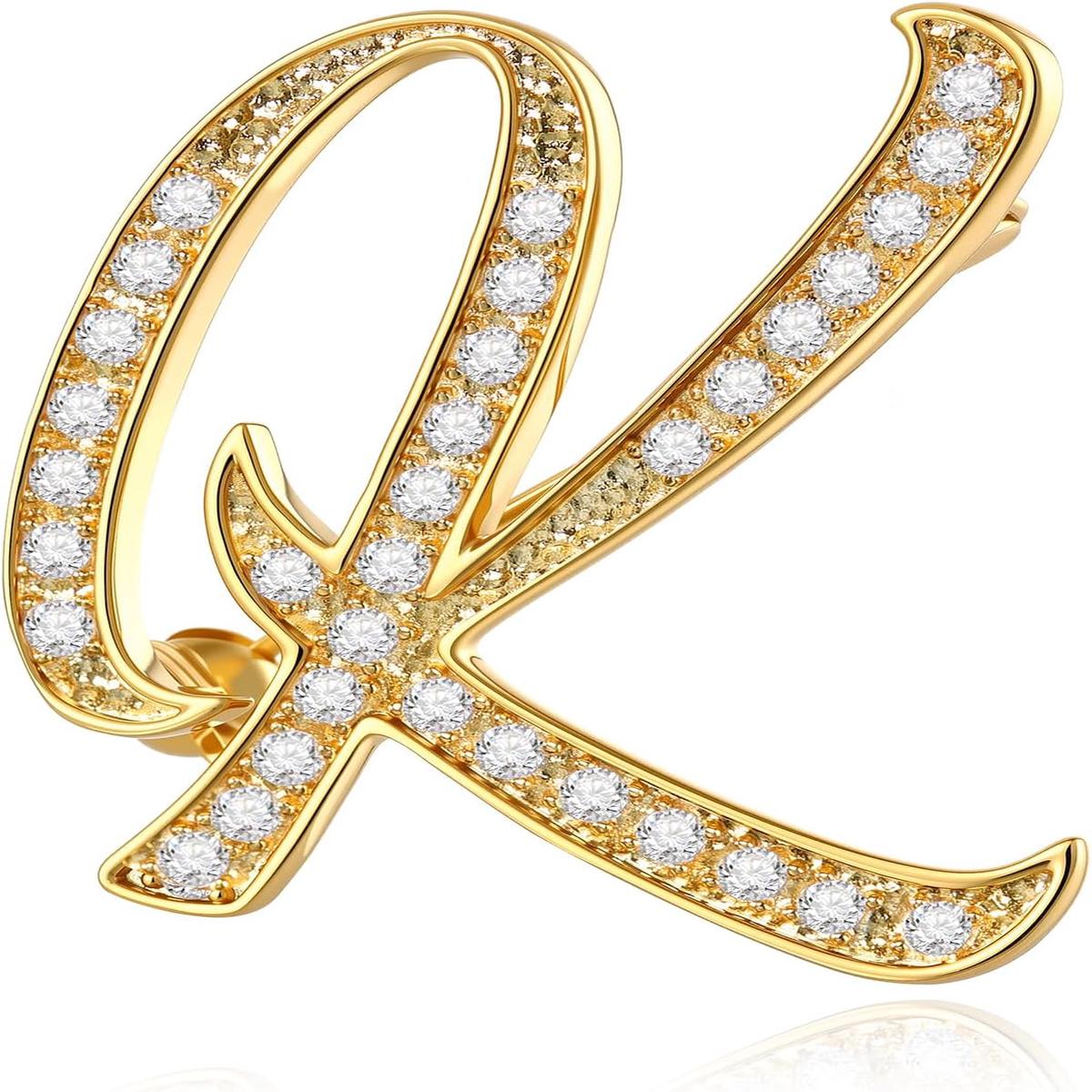 Cicy Bell A-Z Initial 26 Letter Brooch Pins 18k Gold Plated Cubic Zirconia Breastpin Name Personalized Gifts for Women Men