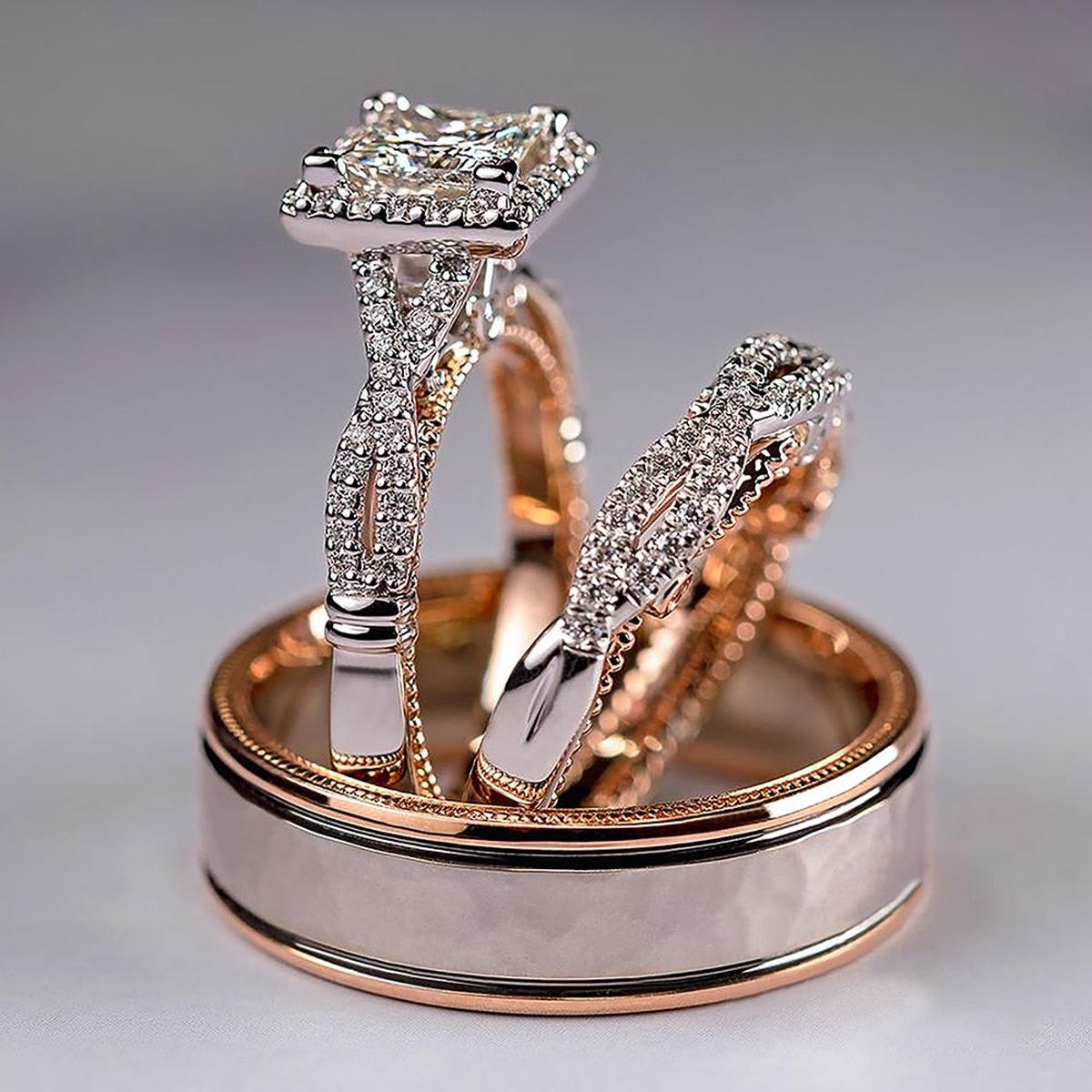 Luxury Princess Cut Cubic Zircon Bridal 3Pc Elegant Brilliant Ring Set