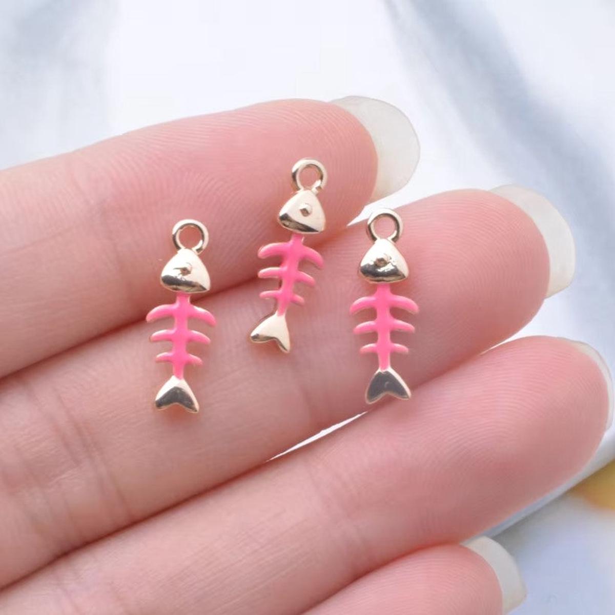 Rose Red Enamel Mini Fish bone Charms Two-sided Dripping Oil Pendant