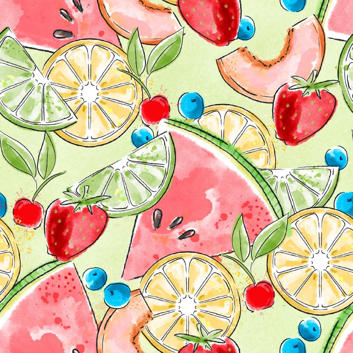 Sweet Summertime | Tossed Fruit Green by Duncan MacDougal for 3 Wishes* (Sold By 1/2 Meter)