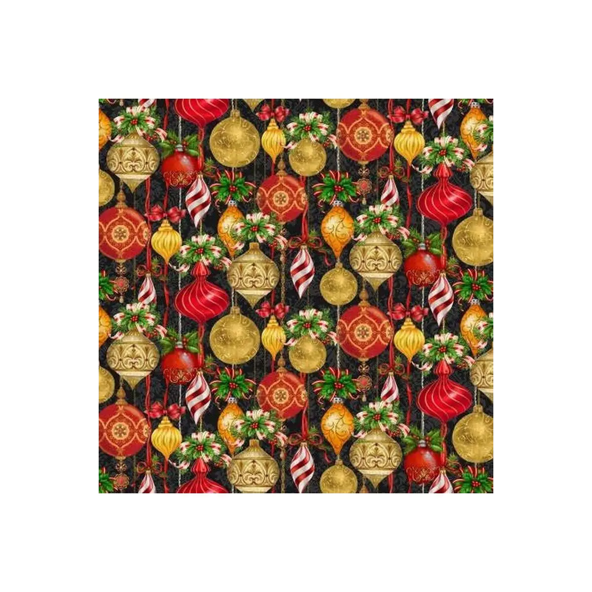 Henry Glass & Co. Fabrics, Black Christmas Ornaments Allover (Sold By 1/2 Meter)