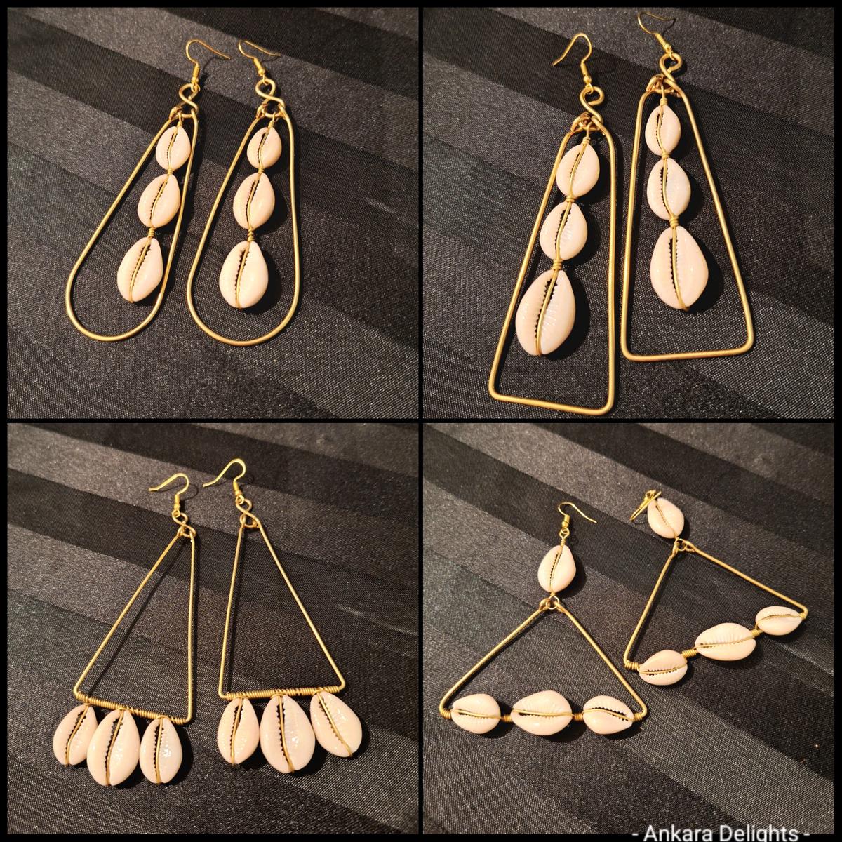 Golden Brass Wire & Cowry Shell Earrings