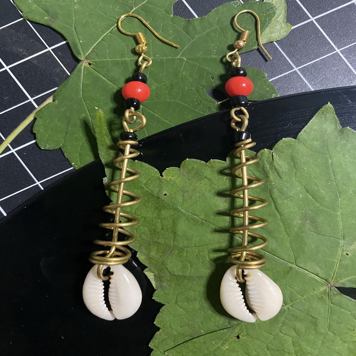 Cowry Shell Brass Spiral Earrings