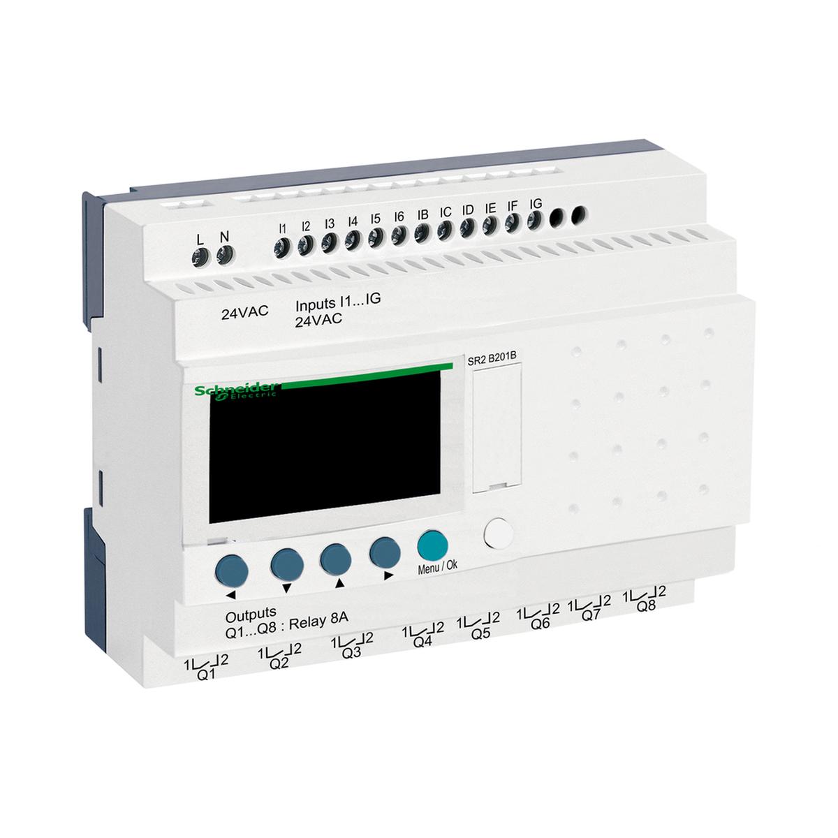 Compact smart relay, Zelio Logic, 20 I/O, 24 V AC, clock, display