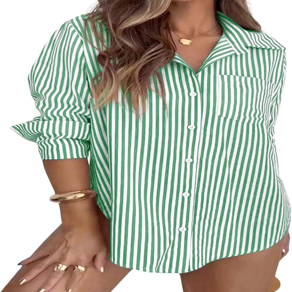 LIZALIG Womens Striped Button Down Blouse Dress Casual Long Sleeve Shirt Ruffle Trendy V Neck Office Work Tops
