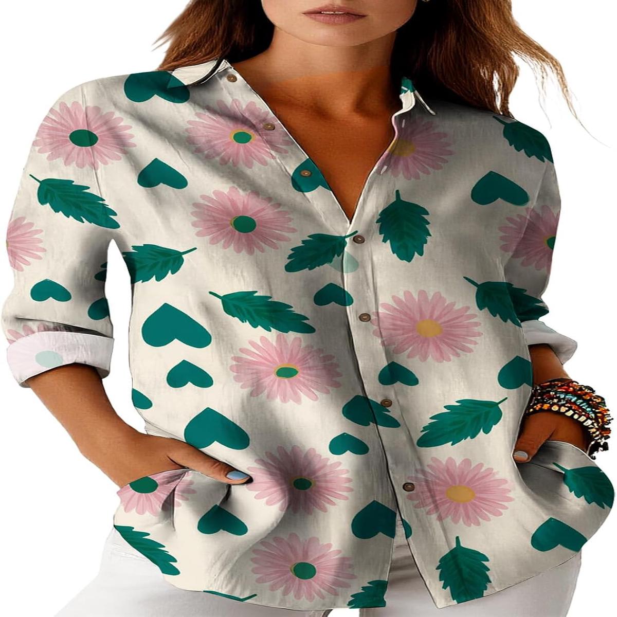 Womens Floral Print Button Down Shirt Long Sleeve Loose Fit Cotton Blend Breathable Casual Blouse with Pockets