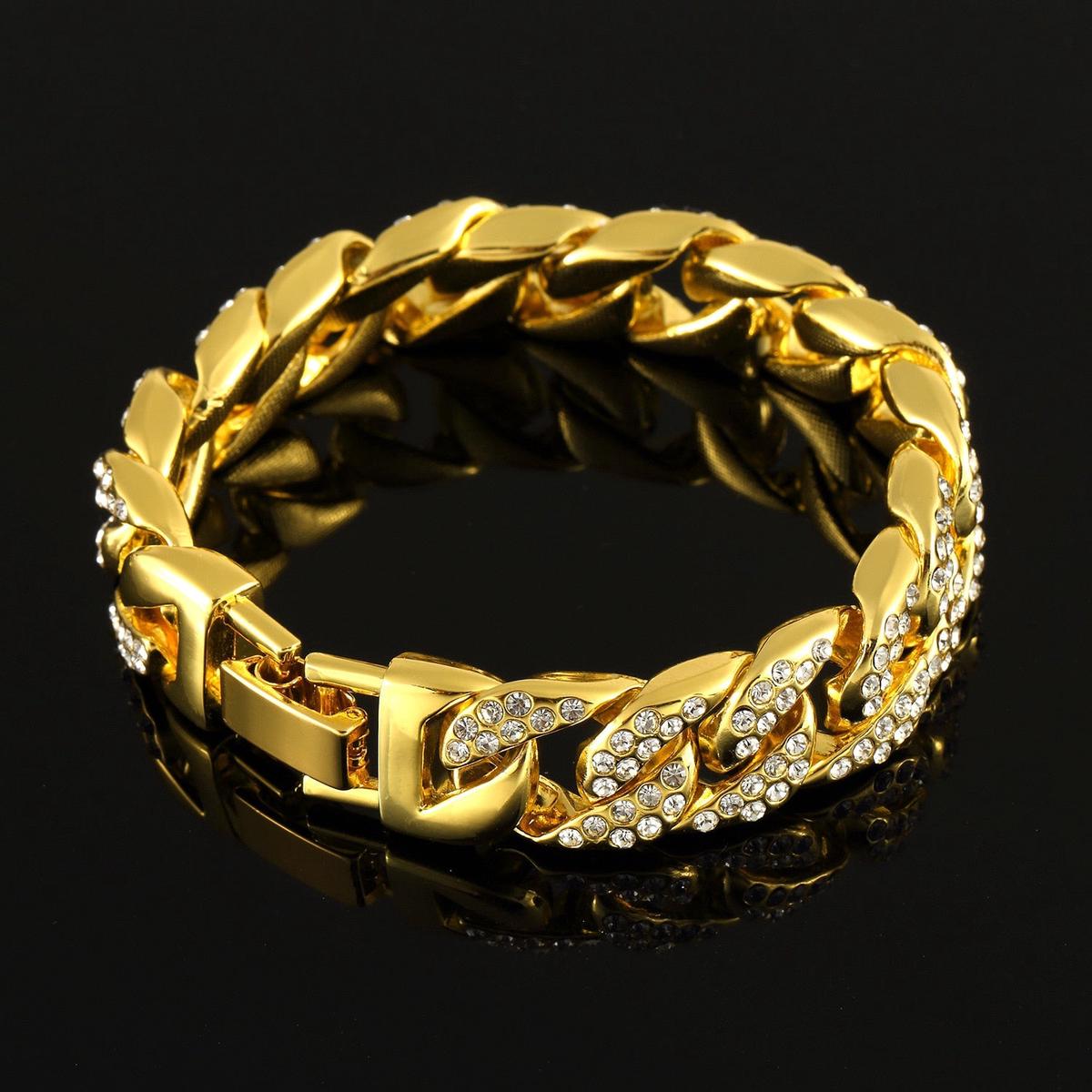 Iced Out Micro Paved Rhinestone Link 15mm Chains Cz Bling Mens Bracelet