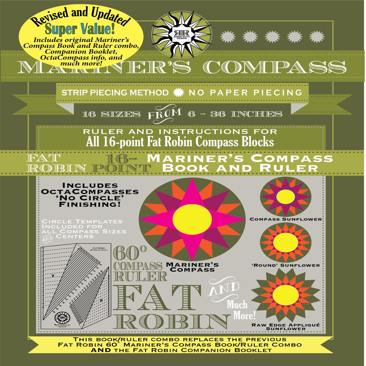 ROBIN RUTH DESIGNS - FAT ROBIN 16-POINT MARINER'S COMPASS BOOK AND RULER COMBO