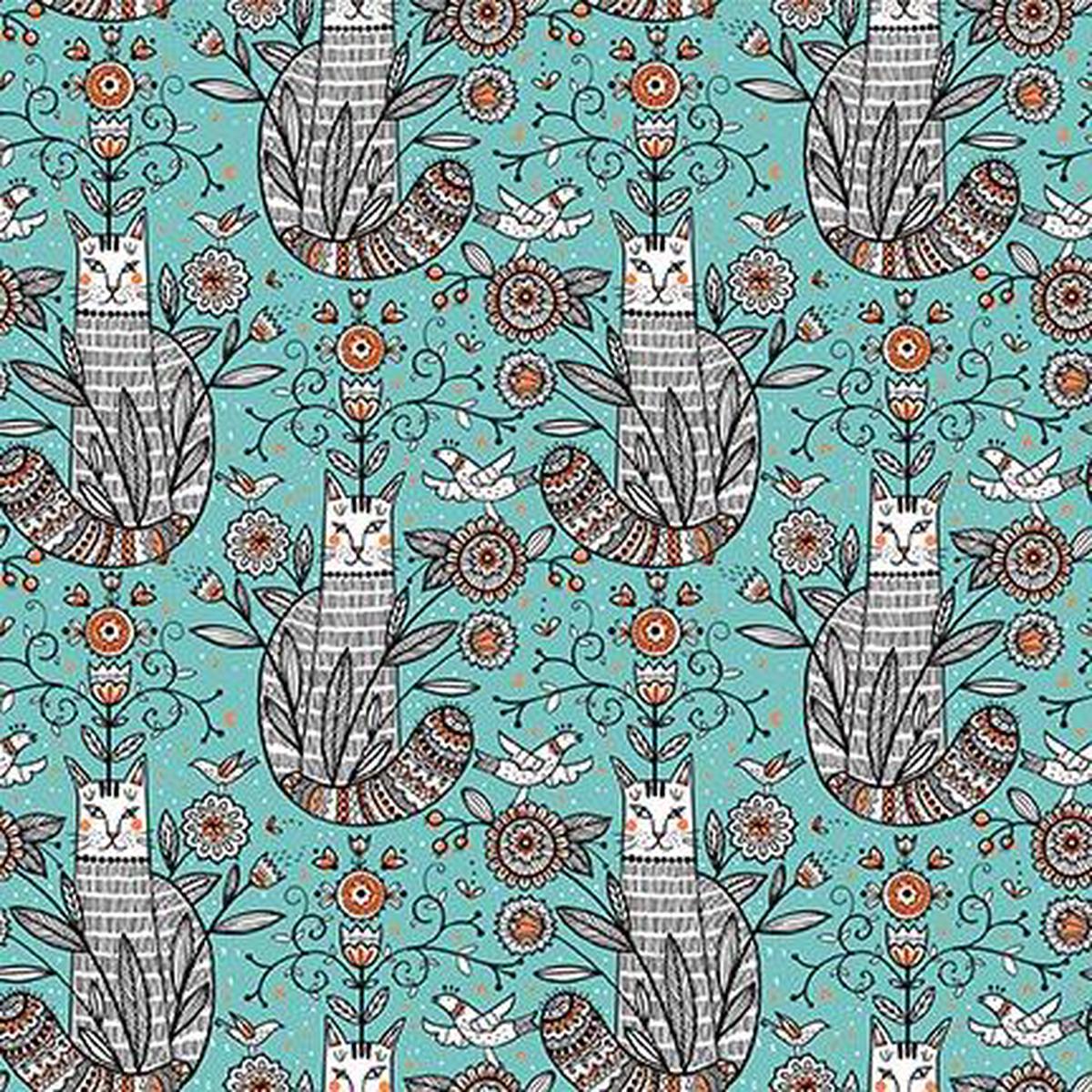 Whimsy - Cats Teal Yardage* (Sold By 1/2 Meter)
